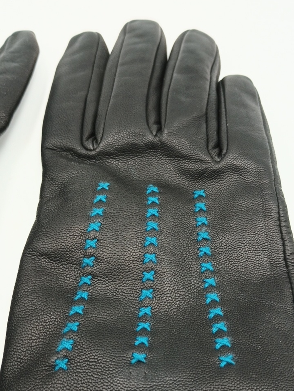 Loft Black Leather With Blue Stitch Accents Leather Gloves Sz S
